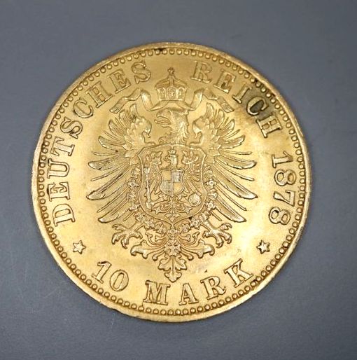 A German 1st Reich 1878 10 mark gold coin,
